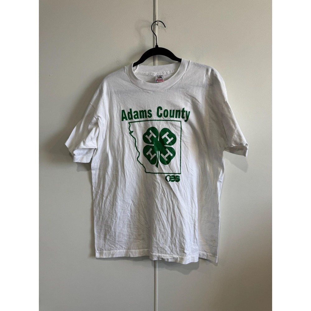 Vintage 4-H Adams County Shirt Mens Large White Fruit Of The Loom Tee T-Shirt